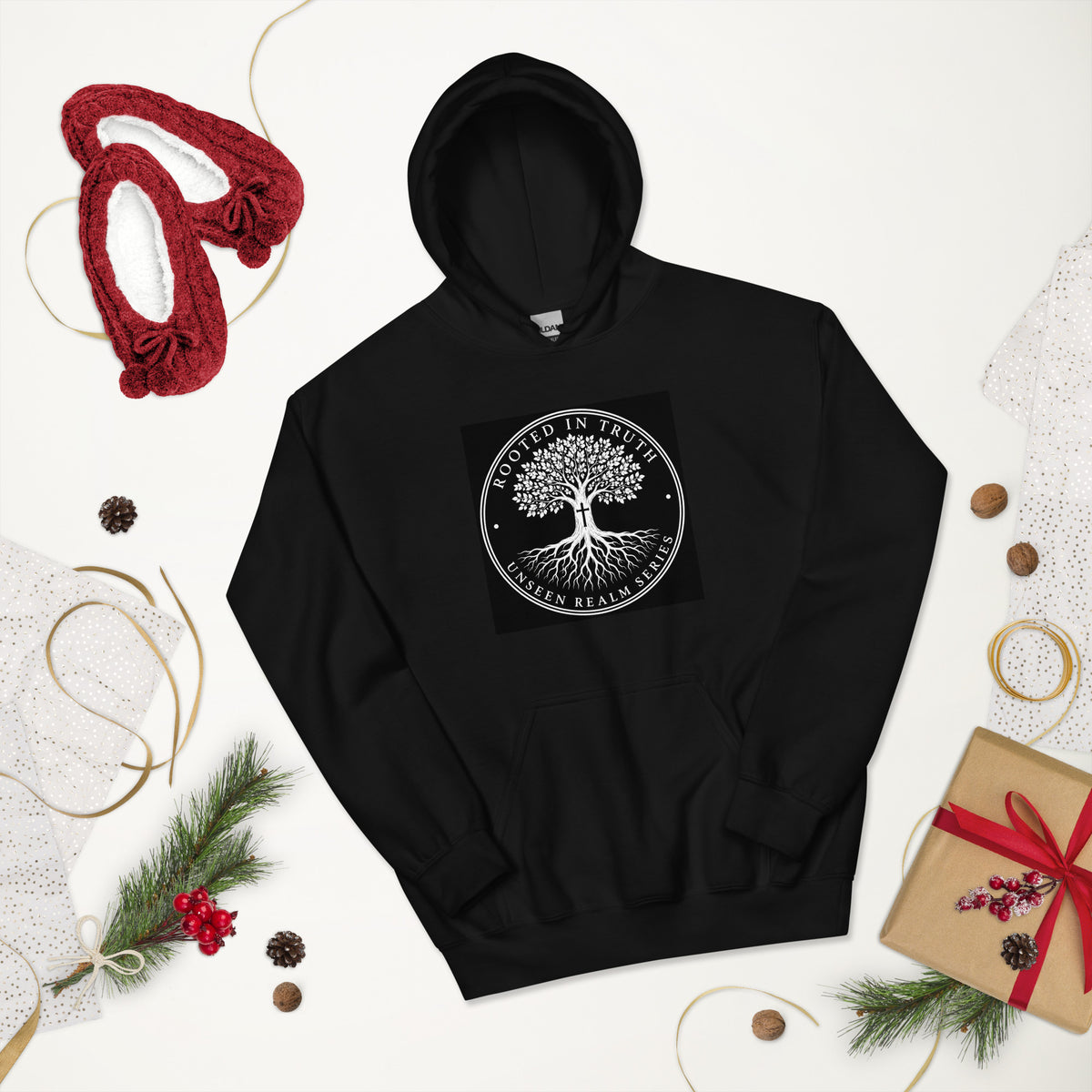 Rooted in Truth black Christian hoodie, front view