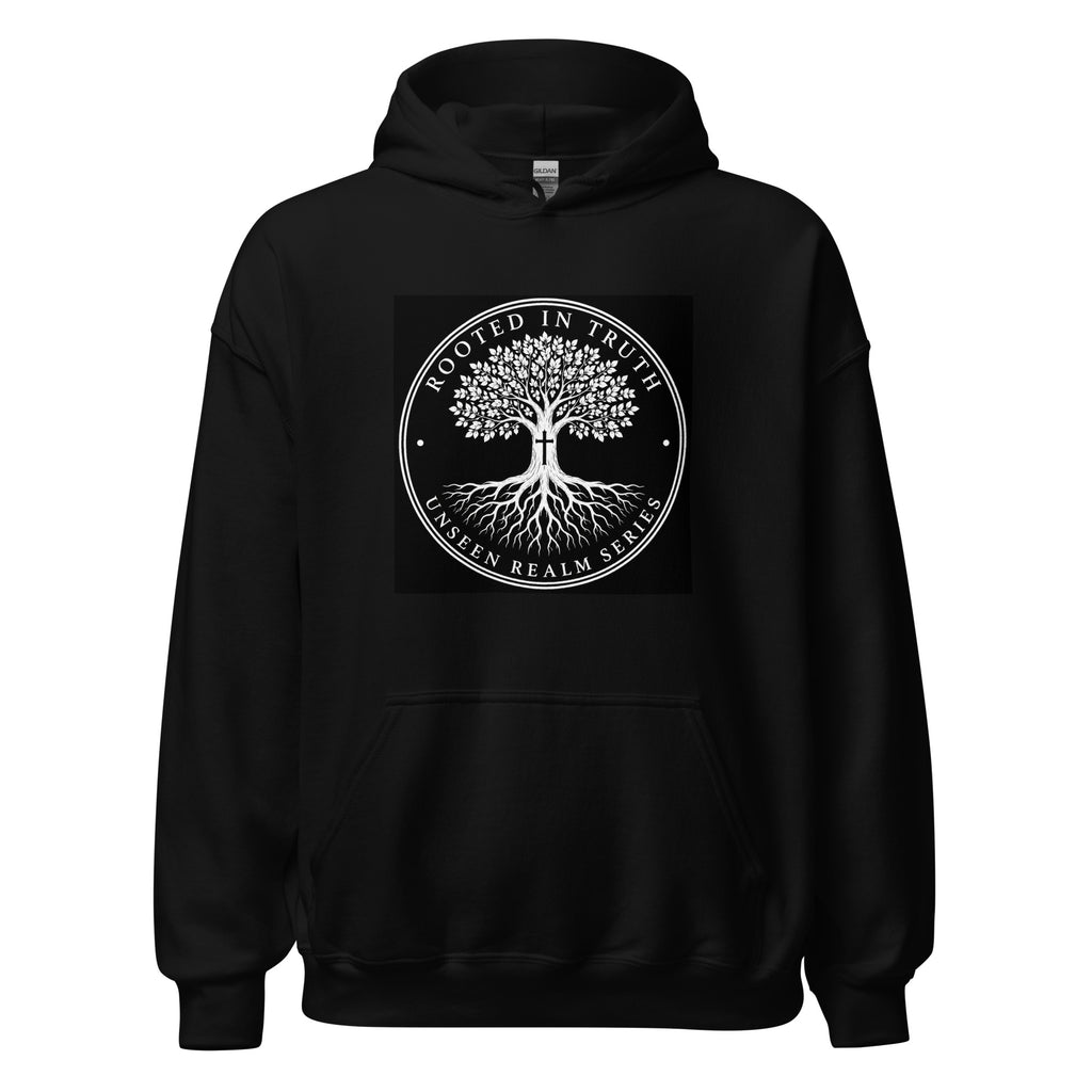 Rooted in Truth black Christian hoodie, front view