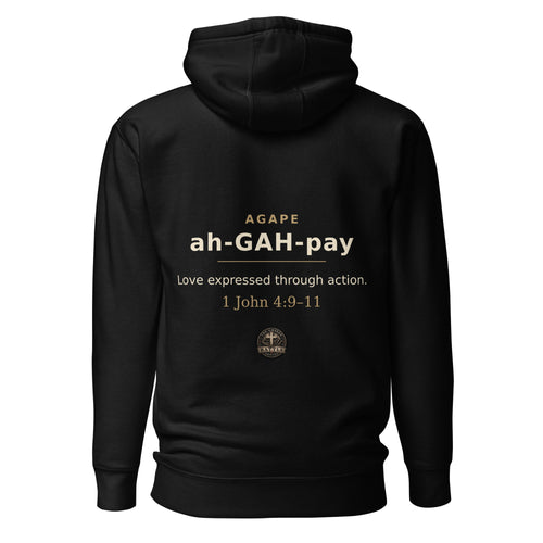 AGAPE Greek word Bible study hoodie, black, back view