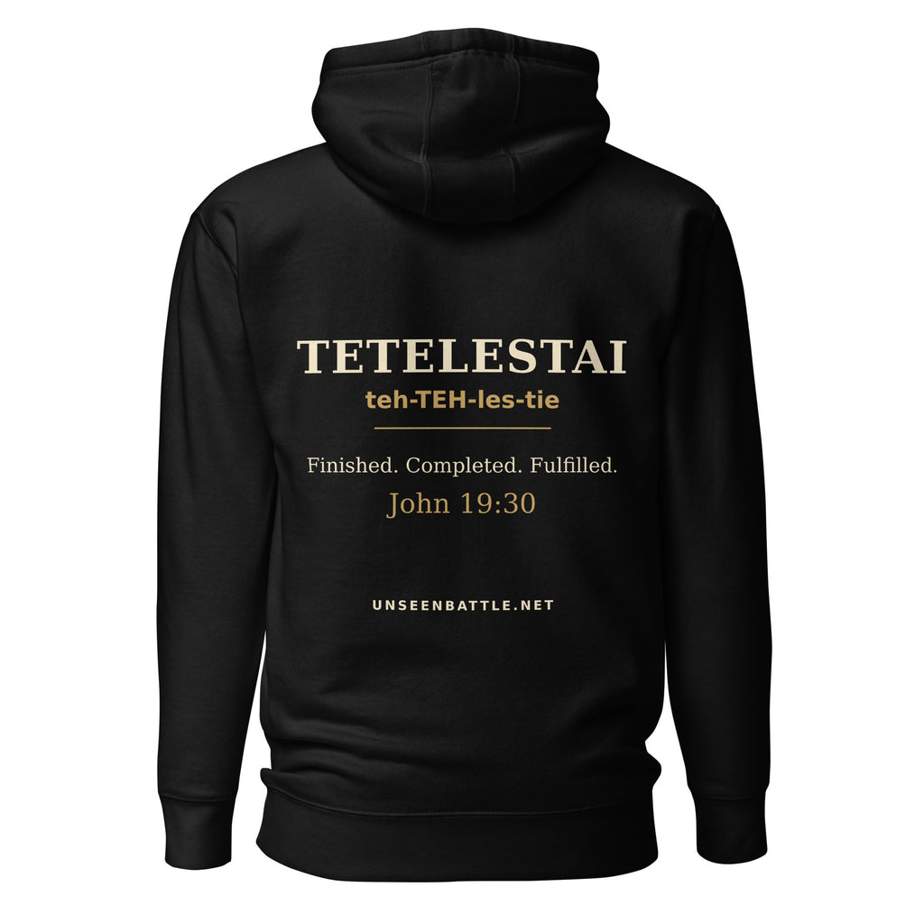 TETELESTAI It Is Finished Greek Bible study hoodie, John 19:30, black, back view