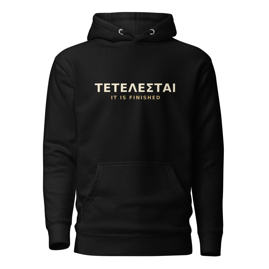TETELESTAI It Is Finished Greek Bible study hoodie, John 19:30, black, front view