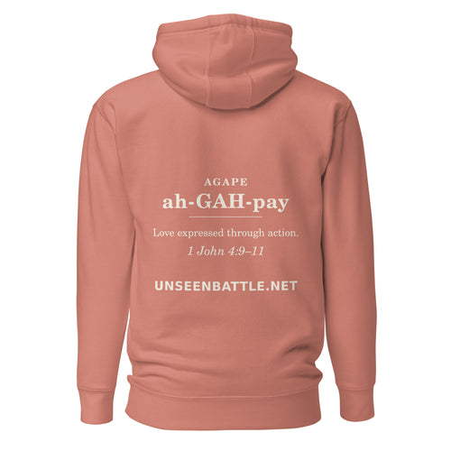 AGAPE Greek word Bible study hoodie, dusty rose, back view