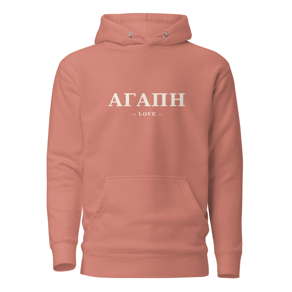 AGAPE Greek word Bible study hoodie, dusty rose, front view