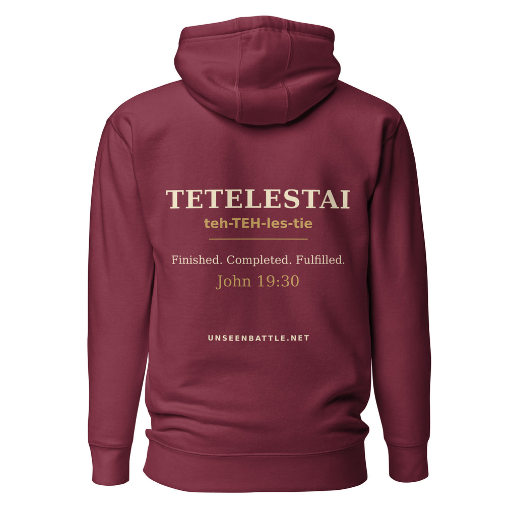 TETELESTAI It Is Finished Greek Bible study hoodie, John 19:30, maroon, back view