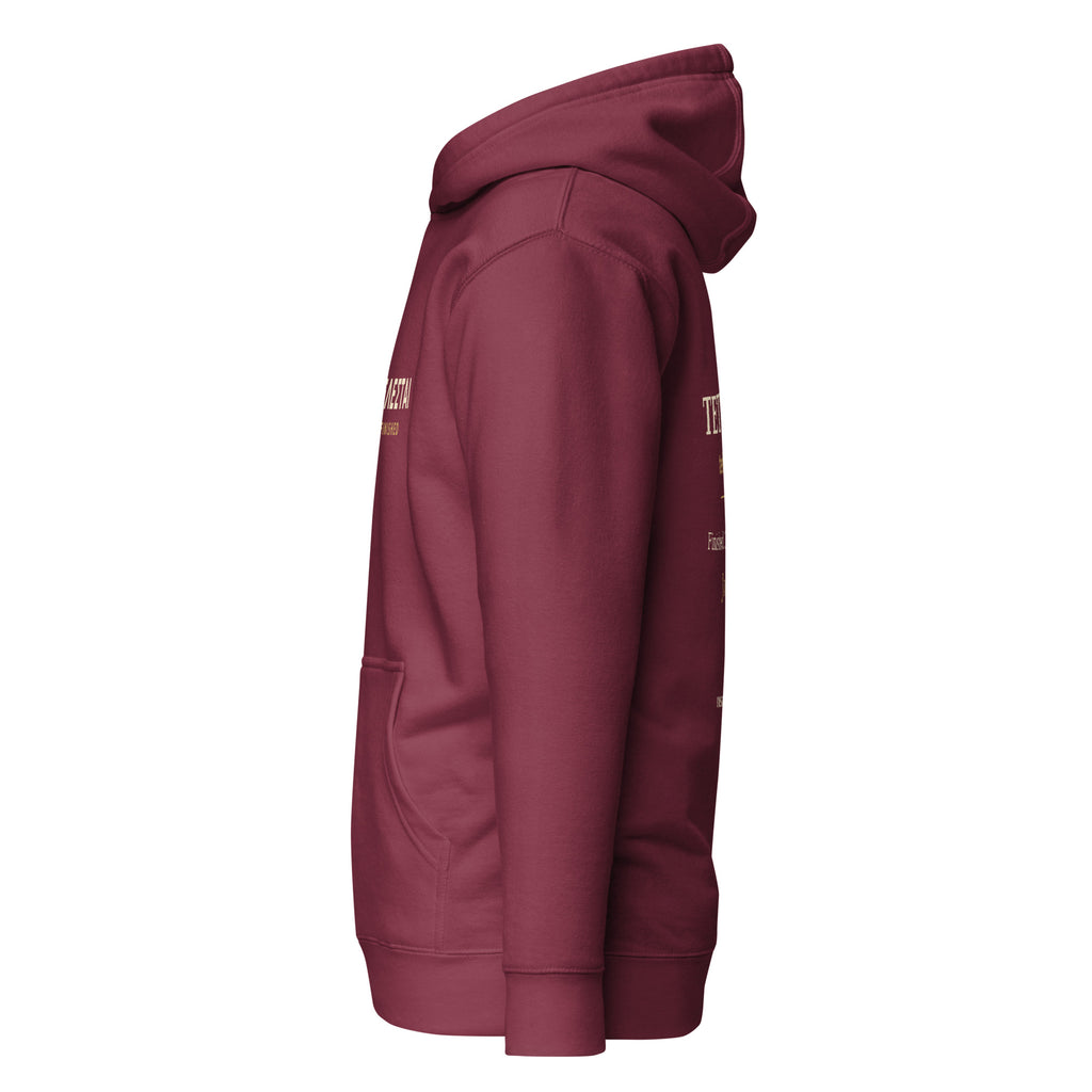 TETELESTAI It Is Finished Greek Bible study hoodie, John 19:30, maroon, left view