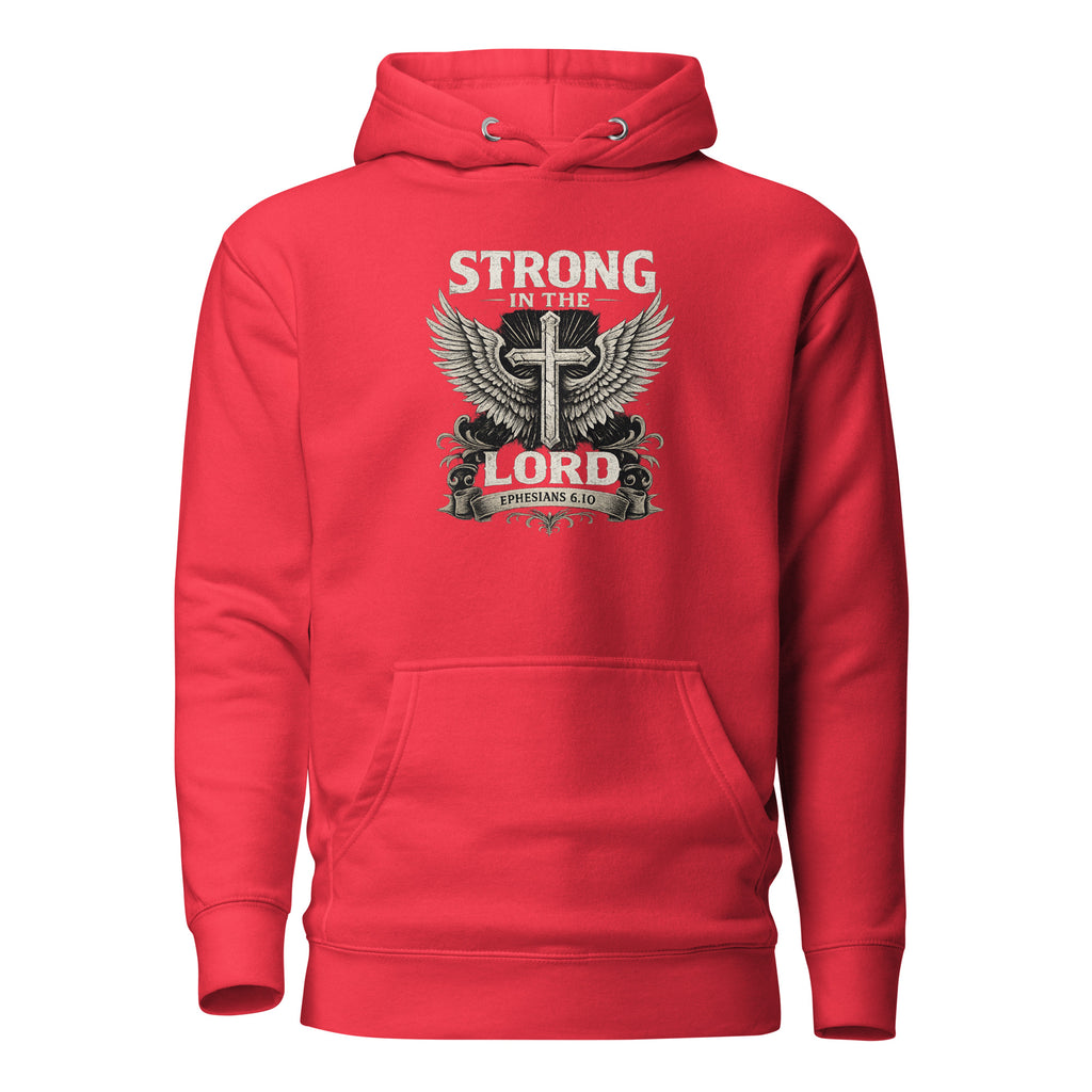 Strong in the Lord red Ephesians 6:10 Christian hoodie, front view