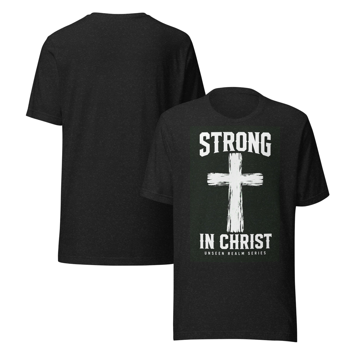 Strong in Christ Christian t-shirt, black heather, front and back